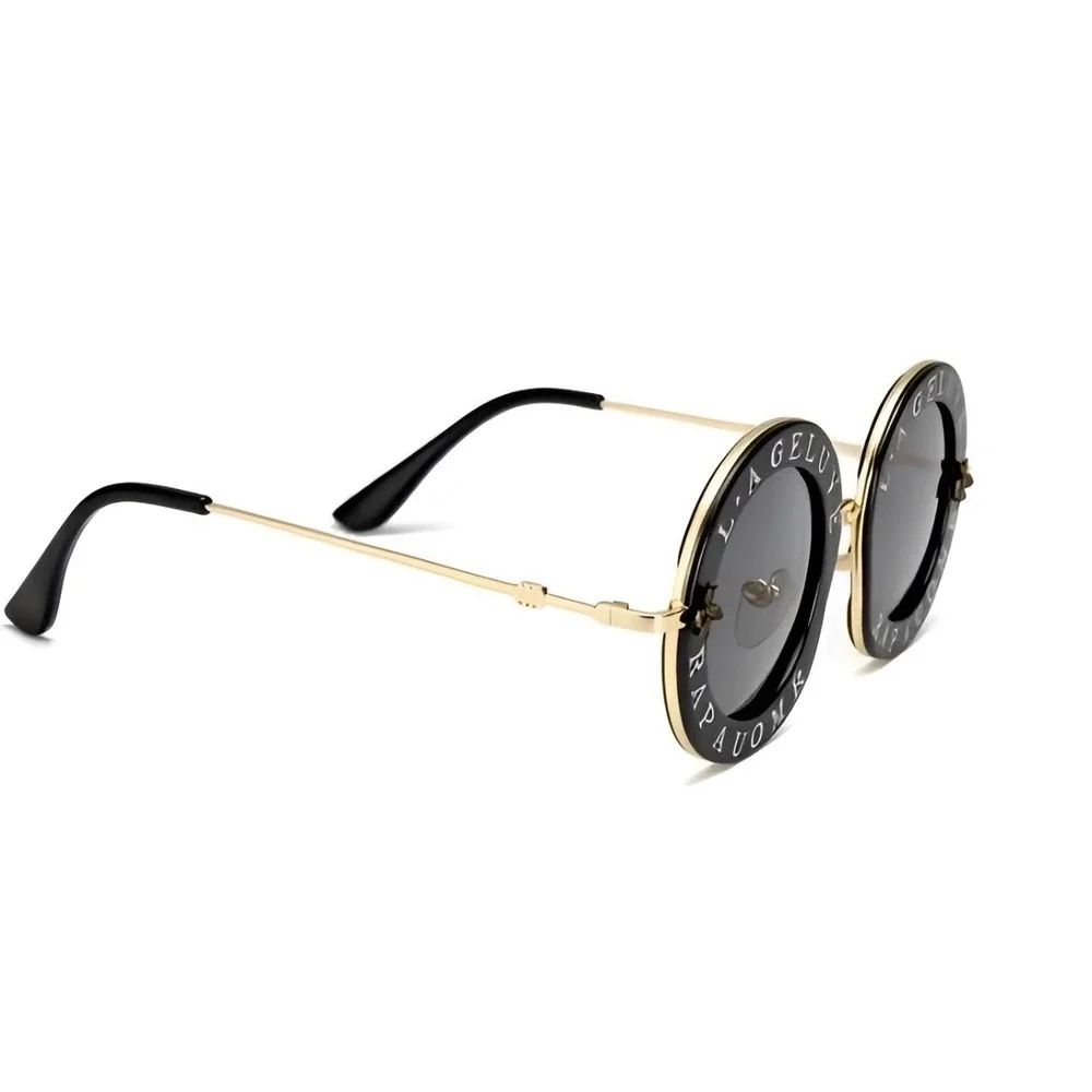 Luxury Round Oversized Sunglasses‎ Black Gold Designer Style Women Shades Trendy